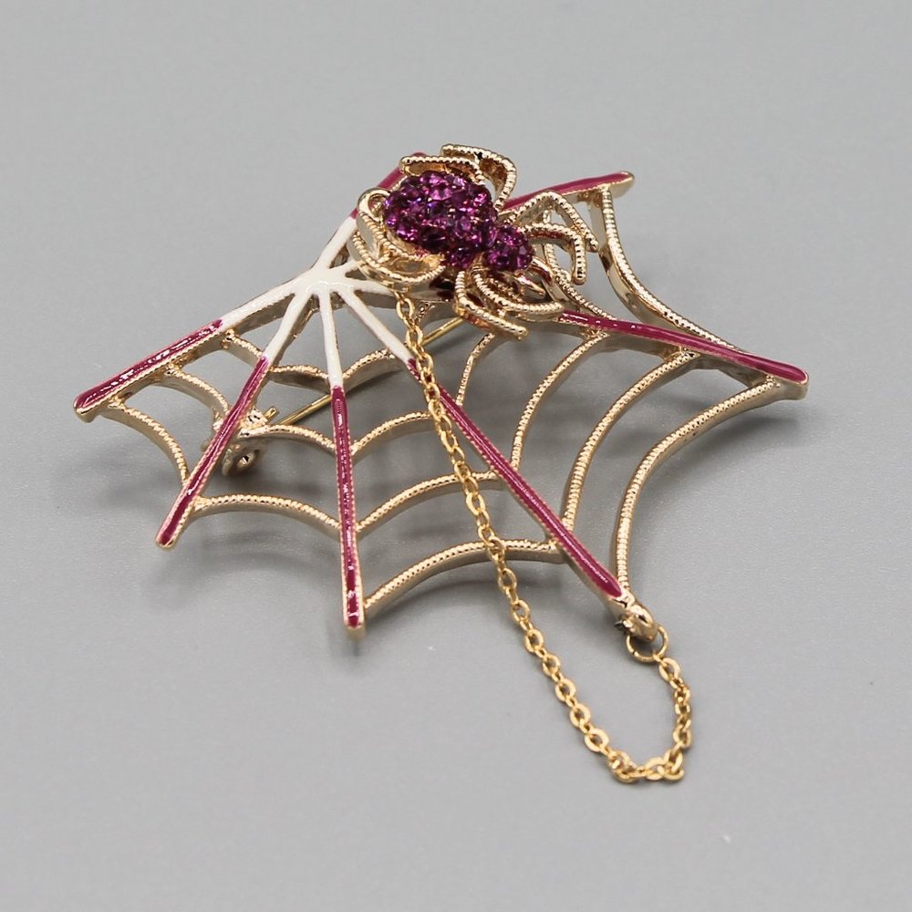 Pink & gold tone spider spiderweb pin brooch - Picture 6 of 8